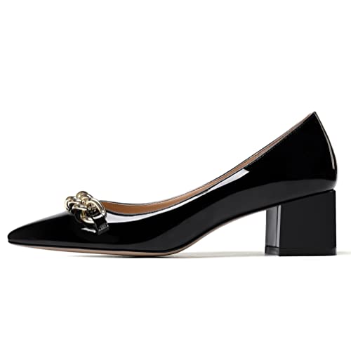 WAYDERNS Women's Pointed Toe Metal Chain Decoration Slip On Patent Chunky Low Heel Pumps Shoes 2 Inch2