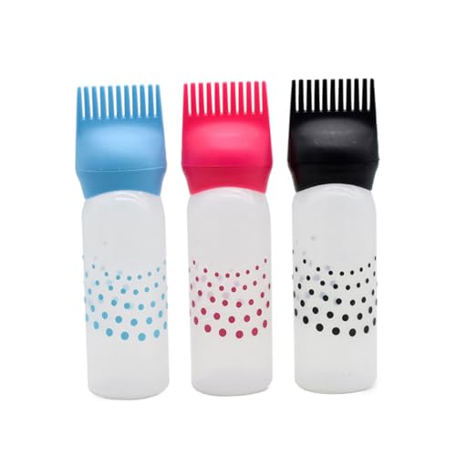 Gogogmee 3 piezas Botellas Aplicadoras para Tinte de Cabello Recargables con Peine Integrado Envases Sellados Antideslizantes para Salones Profesionales Colores Azul Rosa y Negro
