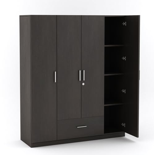 Image of DesignFit Engineered Wood 4-Door Wardrobe for Bedroom | Wooden Almirah with 1 Hanging Rod, 2 Drawers & 8 Shelves | Clothes Cupboard Storage Cabinet Furniture (Wenge Finish)