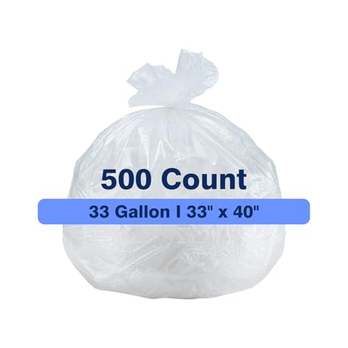 Image of 33 Gallon Clear Trash Can Liners, 33'' x 40'', 500 Count, High Density Garbage Bags for Home, Outdoor, Recycling, Commercial, and Industrial Use