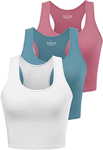 BryticFlow Women's Crop Vest Top 3 Pack Cotton Gym Tops for Yoga Running Shirts Racerback Sleeveless Workout Tank Cropped Ladies Tops Blue/White/Rose M
