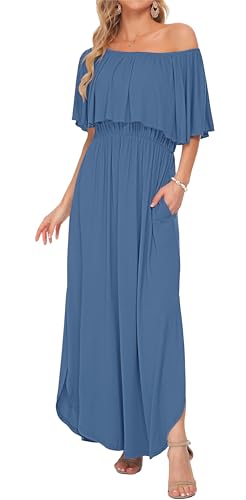 AUSELILY Womens Off Shoulder Ruffle Split Summer Maxi Dresses with Pockets