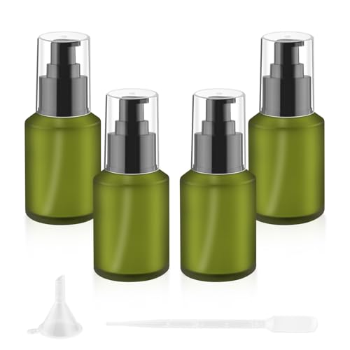 4 Pcs 60ml/2oz Green Frosted Glass Bottles Refillable Pump Dispenser Jar Empty Lotion Vials with Pump for Travel Body Wash Liquid Foundation Cosmetic Samples