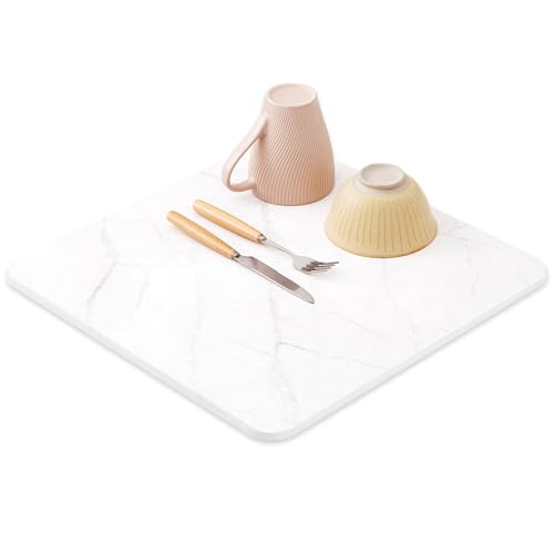 Dish Drying Mats for Kitchen Counter, Bathrooms Diatomaceous Earth Stone Quick Drying Mat Marble Absorbent Dish Drying Pad Heat Resistant Mat Dishes Pad (White-16”x16”)