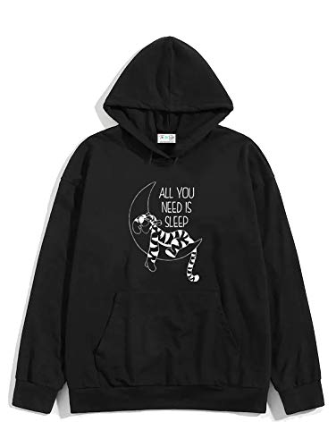 Image of The SV Style Random Print Graphic Print Pullover Hoodie, Black, Long Sleeve with Kangaroo Pocket 320 GSM Fleece Inside