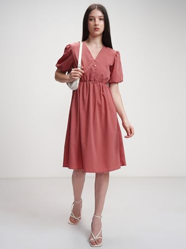 Image of Tokyo Talkies Women's Elegant A-Line Dress with Belt & Pleated Dress, Sophisticated Full-Sleeve Style for Any Occasion