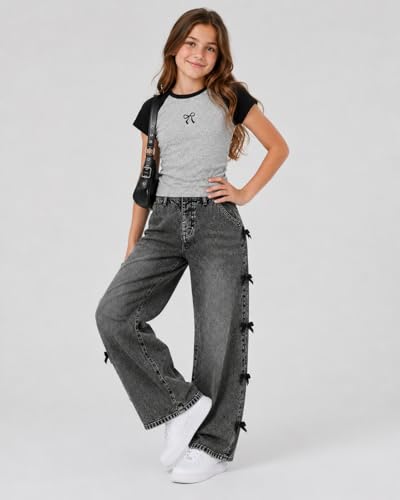 Image of Azmxynol Tween Girl Clothes Short Sleeve Top + Butterfly Design Jeans 2 Pieces Spring Summer Outfit Set, Size 6-16 Years