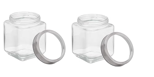 Image of CROCO JAR Square Glass Storage Containers 1750ml | Transparent Airtight Kitchen Jars with Steel Lid | Cubical Glass Jars for Pantry, Snacks, Dry Fruits, Masala, Pickle & Coffee Beans | Pack of 2