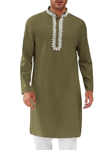 Runcati Mens Kaftan Thobe Cotton Henley Shirt Long Sleeve Embroidery Robe Casual Kurta Muslim Gown Shirt Army Green