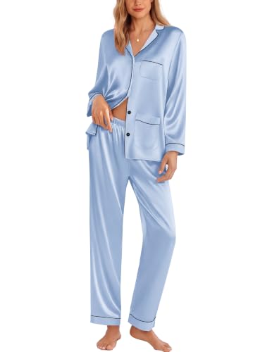 Image of Ekouaer Pajamas for Women Silk Satin Button Down Long Sleeve Pajama Sets