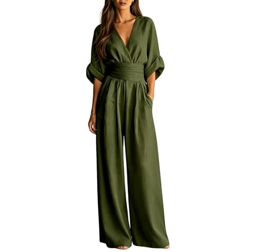 SUIUOI Jumpsuit Damen Sommer Elegant Latzhose Sommer Overall Damen Elegant mit V-Ausschnitt Halbarm & Weitem Bein Taillierter Hosenanzug Damen Festlich für Hochzeit Business & Freizeit