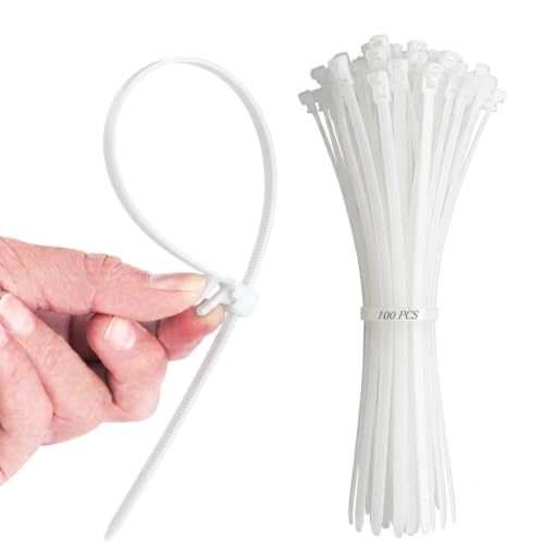 Image of Hian 8-Inch White Cable Ties, 3.6mm Width, Nylon Zip Ties for Home, Office, and Outdoor Use - Strong, Durable, and Versatile Cable Organizers (Pack of 100)