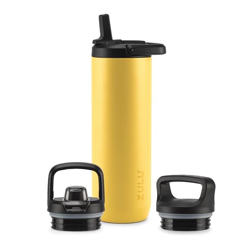 Image of ZULU Base 24oz Stainless Steel Water Bottle with 3 Lids- Straw, Chug, Twist | Double Walled and Vacuum Insulated Metal Thermos | Fits Car Cupholder, Built in Carry Loop, Dishwasher Safe, Vitamin C