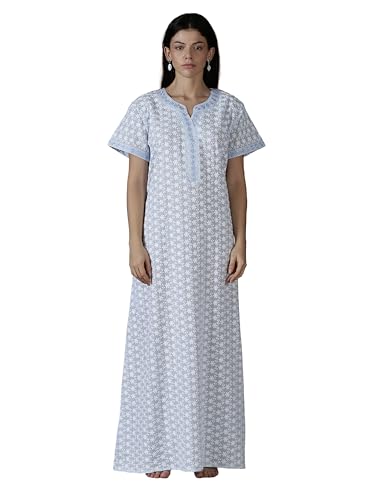 Image of 9shines Label Stylish Chikankari Cotton Nighty Maxi for Women | Full Length Nightgown | Nightdress with Pocket | Embroidery Nighty | Soft Comfortable Cotton Nightwear (1545)