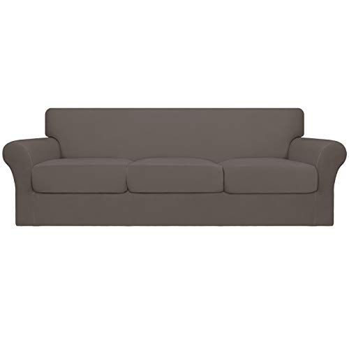 Image of Easy-Going 4 Pieces Oversized Stretch Couch Cover for Dogs Washable | Sectional Sofa Slipcover for 3 Separate Cushion Couch - Elastic Furniture Protector for Pets, Kids Taupe