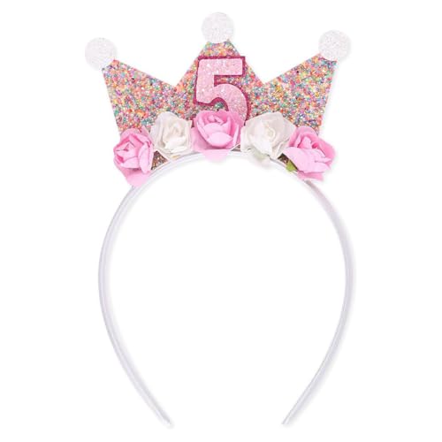 Corona da Principessa per Ragazze, Corona di Compleanno 5 Anni, Corona di Compleanno per Bambini, Corona con Fiori di Rosa