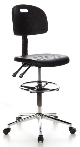 hjh OFFICE 665060 Taburete de trabajo TOP WORK 23, espuma rígida color negro, asiento antideszilante, cómodo, con apoyapiés cromado