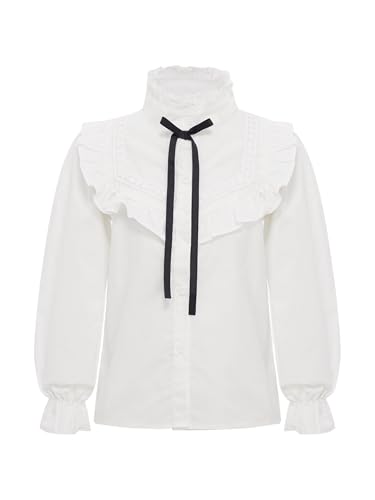 Kids Girls Ruffle Collar Bowknot Button Down Shirt Puff Long Sleeve White Blouse Top School Uniform3