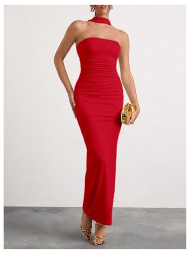 Image of Milumia Women's Halter Neck Ruched Strapless Sleeveless Tube Bodycon Maxi Dresses
