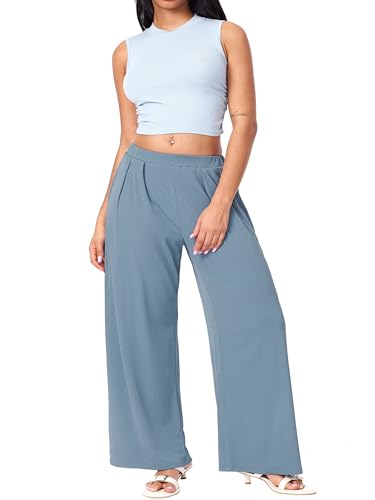 Image of CIDER Palazzo Pants for Women Wide Leg Flowy Pants with Pockets Elastic Mid Waist Summer Beach Vacation Outfits Lightweight