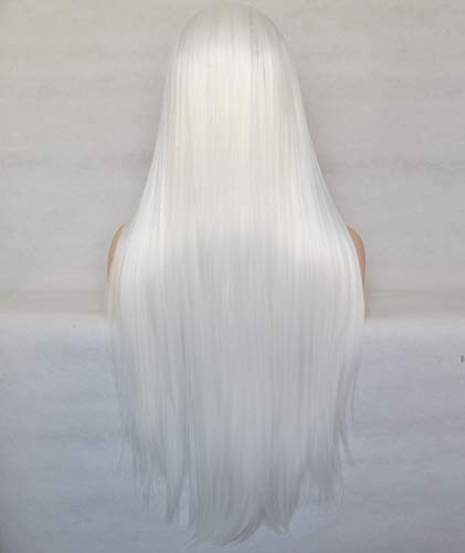 BLUPLE Long Straight Lace Front Wigs #1001 Platinum White Natural Heat Resistant Synthetic Hair Half Hand Tied Wigs for Cosplay Daily Wear (22 inches, Straight,White)