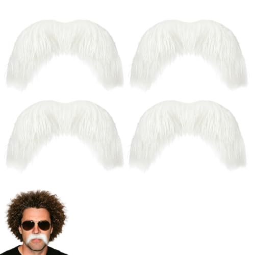 MAXMURYS Lot de 4 Moustaches Blanches Style Guidon 10,5 cm Autocollantes réutilisables, Accessoires déguisement Adulte Père Noël, vieillard ou Personnage rétro, théâtre et Cosplay