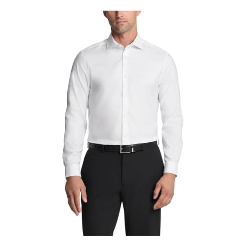 Calvin Klein Men's Non Iron Stretch Slim Fit Unsolid Solid Dress Shirt Shirt, White, 15.5' Neck 34-35' Sleeve