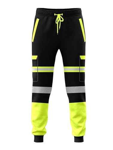 kraftd Men’s Hi Vis Viz Work Trousers Jogging Bottoms Reflective Joggers Sweat Pants Safety High Visibility Combat Trouser Workwear (Black/Yellow, L)