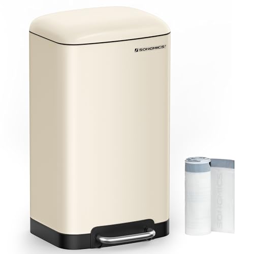 SONGMICS Cubo de Basura para la Cocina, 30 L, Cubo de Pedal de Acero con Tapa y Cubo Interior, Cierre Suave, Blanco Nube LTB001A01
