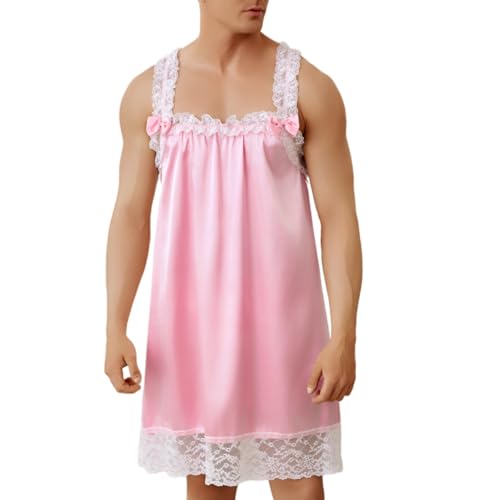 ABAFIP Men's Sissy Satin Babydoll Dress Lace Ruffle Nightgown Mini Nightdress Shiny Nightgown Nightwear