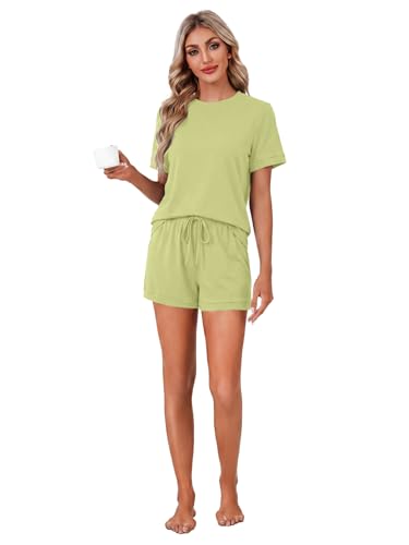 Image of LYANER Pajama Set for Women 2 Piece Lounge Set Striped Crew neck Short Sleeve Tops and Shorts Soft Sleepwear