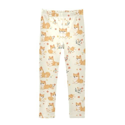 Wusikd Cute Shiba Inu Dog Girls' Leggings Toddler Doodles Flowers Kids Yoga Pants Dance Active Tights 4T