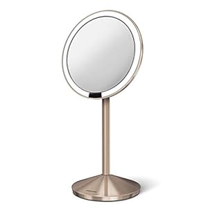 simplehuman Sensor Mirror, Travel Makeup Mirror with Lights, 10X Magnification, Lighted, Round, Free Standing, 5″, Rose Gold Stainless Steel