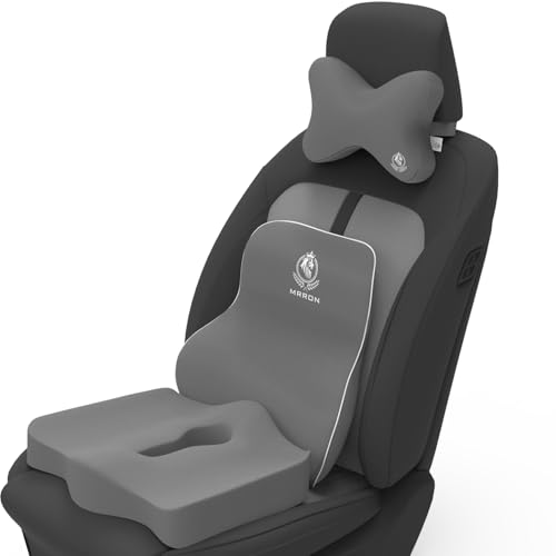 Image of MRRON Memory Foam Car Seat Cushion Combo - Backrest, Coccyx Cushion & Neckrest - Orthopedic Support for Back, Sciatica & Neck Pain - Ergonomic Comfort for Car, Office. (Grey, Long Back)
