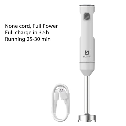 Cordless Hand Blender, UTALENT Variable Speed Immersion Blender Rechargeable, with 500ml Chopper, 600ml container, Egg Whisk, for Smoothies, Baby Food and Soups – White image 3