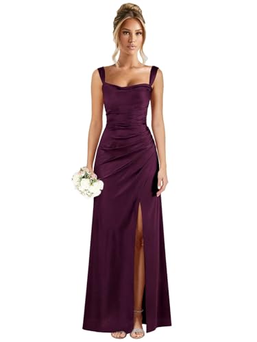 Square Neck Bridesmaid Dresses for Wedding Long Spaghetti Straps Prom Dress Plum Satin with Slit Size 2