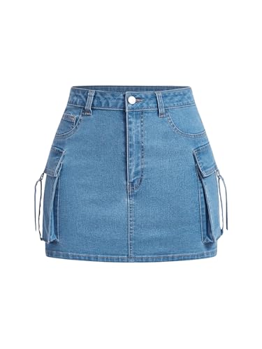 WDIRARA Women's High Waisted Denim Cargo Mini Skirt Stretchy Bodycon Jean Skirts
