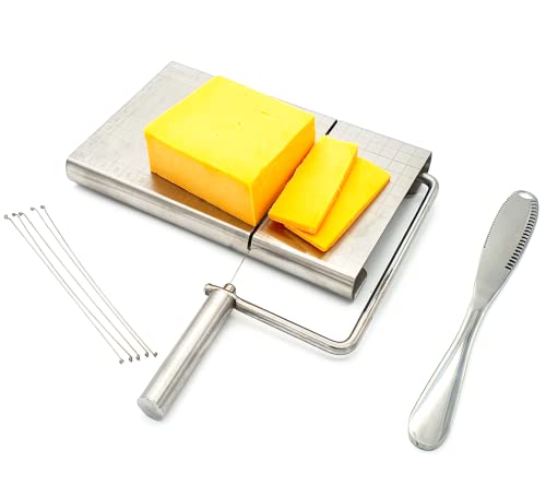 Cheese Slicer Stainless Steel Wire Cutter Board with Accurate Size Scale, Butter Spreader Stainless Steel Knife 3 in 1 Kitchen Gadget, 5 Replaceable Cheese Slicer Wires.