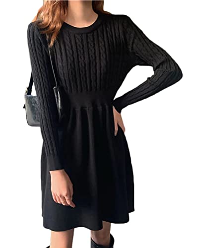 shownicer Damen Strickkleid Elegante A-Linie Kleid Pulloverkleid Winterkleider Zopfmuster V-Ausschnitt Minikleid Strickpullover für Party Cocktail...