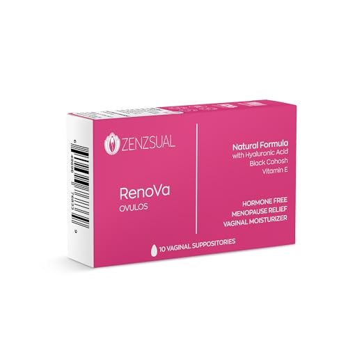 ZENZSUAL Renova Ovulos Moisture Support Suppositories, 10 Inserts (1 Box) – Extra Strength Feminine Dryness Support - Moisture Care with 10mg Hyaluronic Acid, Vitamin E, Flaxseed Oil & Cocoa Butter