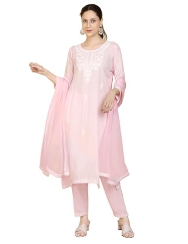 Image of Kaari Women's Chikankari Kurta Set with Dupatta -Straight Fit | Chiffon Dupatta with Embroidered Band | Straight Pant with Side Pocket | Kurta Set for Women
