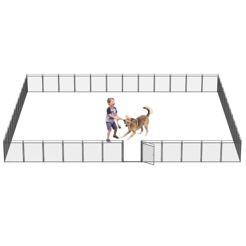 Image of Dog Playpen with Safety Mesh, 32 inch Height 48 Panels Metal Dog Fence Indoor Outdoor, Portable Dog Kennel for Camping, Yard & RV | Black-Silver