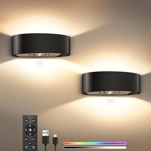 SNADER Akku Wandleuchte Innen/Aussen mit Bewegungsmelder & Fernbedienung 3 Farbtemperatur Wandlicht und 15 Farboptionen Kabellose Wandlampe Innen Batterie mit Schalter Aufladbare Wandlampe Dimmbar