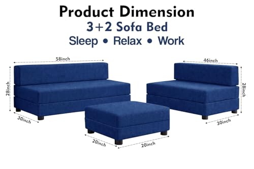 Image of Rosebell 3+2 Leg Sofa Cum Bed Set with Ottoman Foldable Modular Seating & Sleeper Space Saving Living Room Furniture Jute Fabric-Blue-Color