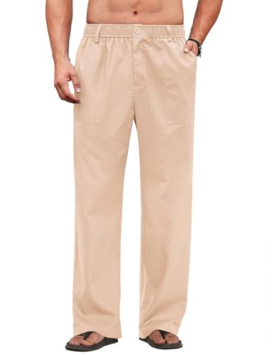 COOFANDY Men's Casual Linen Pants Summer Beach Dress Pants Loose Fit Expandable Waist Trousers with Pockets Beige