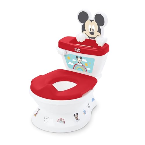 Disney Baby Mickey Mouse My Size Potty 2-in-1 System by Bright Starts with Realistic Flushing Sounds, Cheers, and Music, Customizable Stickers, Red