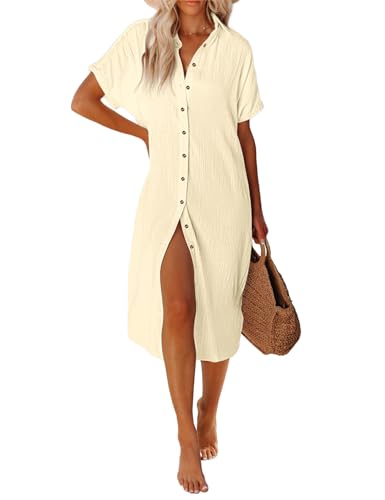 UMIPUBO Women Beach Cover Ups Casual Short Sleeve Beachwear Swimsuit Bikini Cover-Up Button Down Side Split Long Kimonos Bathing Suit Cardigans Beach Dress (Apricot, M)