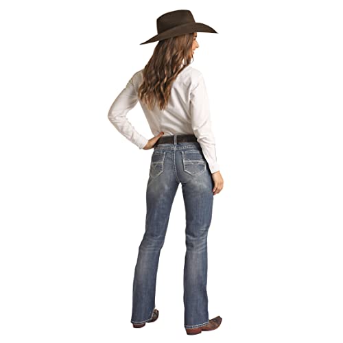 Rock and Roll Cowgirl Ivory Embroidery Riding Jeans in Medium Vintage RRWD4RRZPP Medium Vintage 26 36