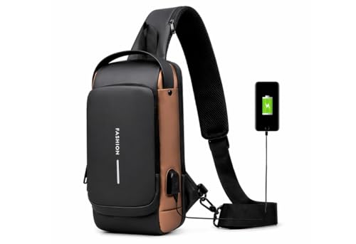 Bolsa Transversal Masculina Antifurto Impermeável com Cadeado e USB Mochila de Peito Pochete Crossbody Shoulder Bag Compacta para Trabalho Dia a Dia Academia Uso Urbano Seguro (Preto com Marrom)