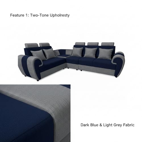Image of APRODZ Wooden Sofa Set 6 Seater for Living Room, Solid Wood L Shape Sectional Sofa with Velvet Fabric Upholstery, Cushioned Seating for Home, Office & Lounge, Blue & Light Grey